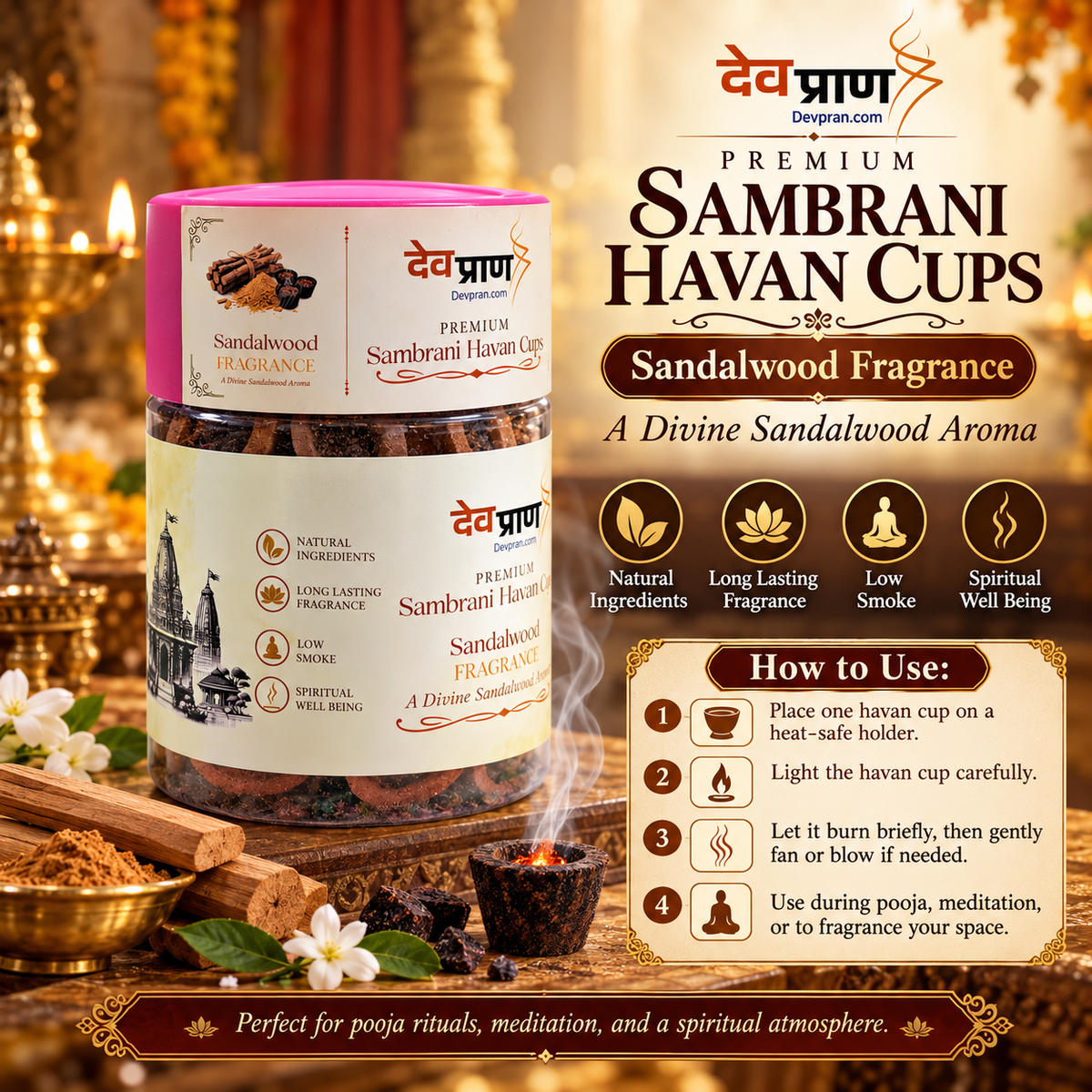 देवप्राण प्रीमियम सांबरानी हवन कप – चंदन सुगंध (Devpran Premium Sambrani Havan Cups - Sandalwood) – 100% प्राकृतिक एवं पावन लघु हवन अनुभव