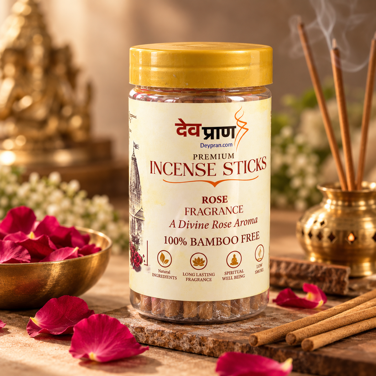 देवप्राण प्रीमियम रोज अगरबत्ती (Devpran Premium Rose Incense Sticks) – 100% बैम्बू फ्री एवं प्राकृतिक गुलाब अर्क