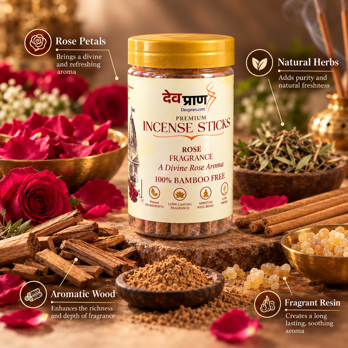 देवप्राण प्रीमियम रोज अगरबत्ती (Devpran Premium Rose Incense Sticks) – 100% बैम्बू फ्री एवं प्राकृतिक गुलाब अर्क
