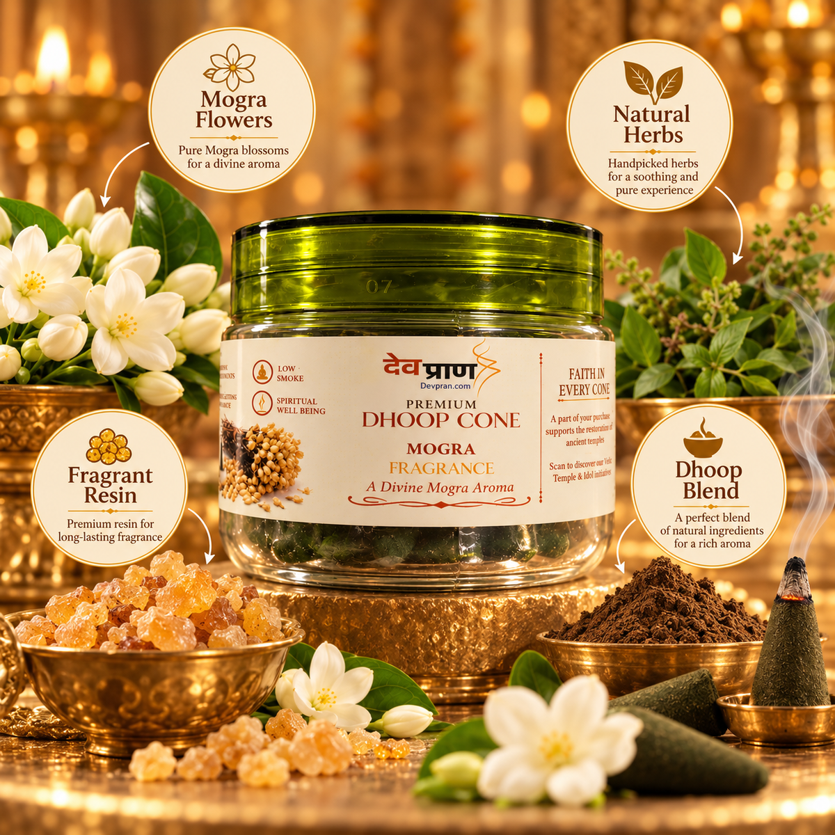 देवप्राण प्रीमियम मोगरा धूप कोन (Devpran Premium Mogra Dhoop Cone) – 100% प्राकृतिक एवं दिव्य सुगंध