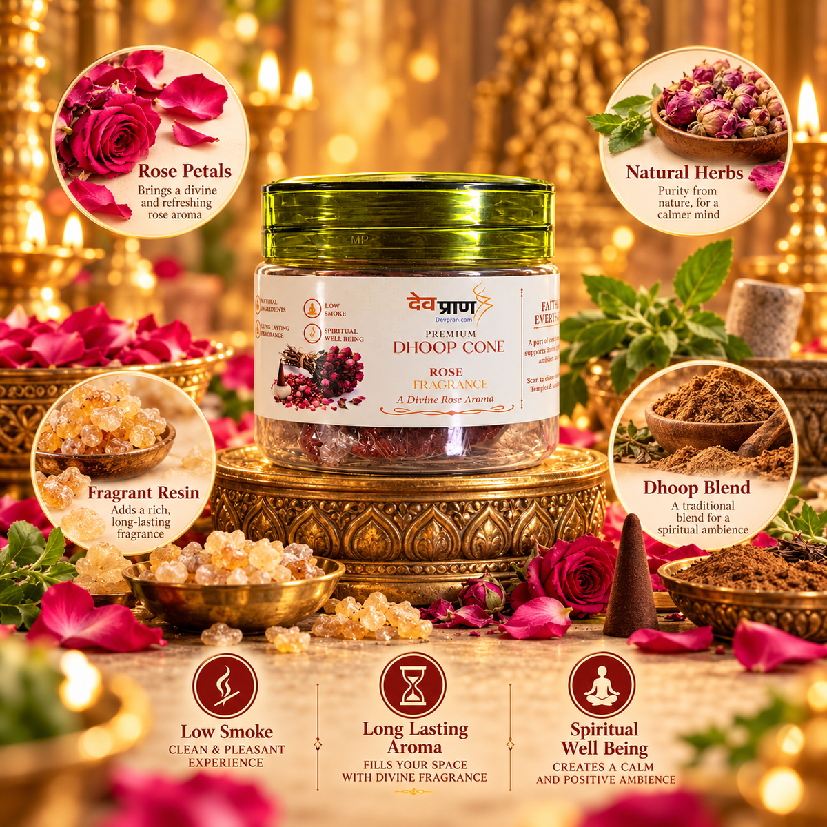 देवप्राण प्रीमियम रोज धूप कोन (Devpran Premium Rose Dhoop Cone) – 100% प्राकृतिक एवं मनमोहक गुलाब सुगंध