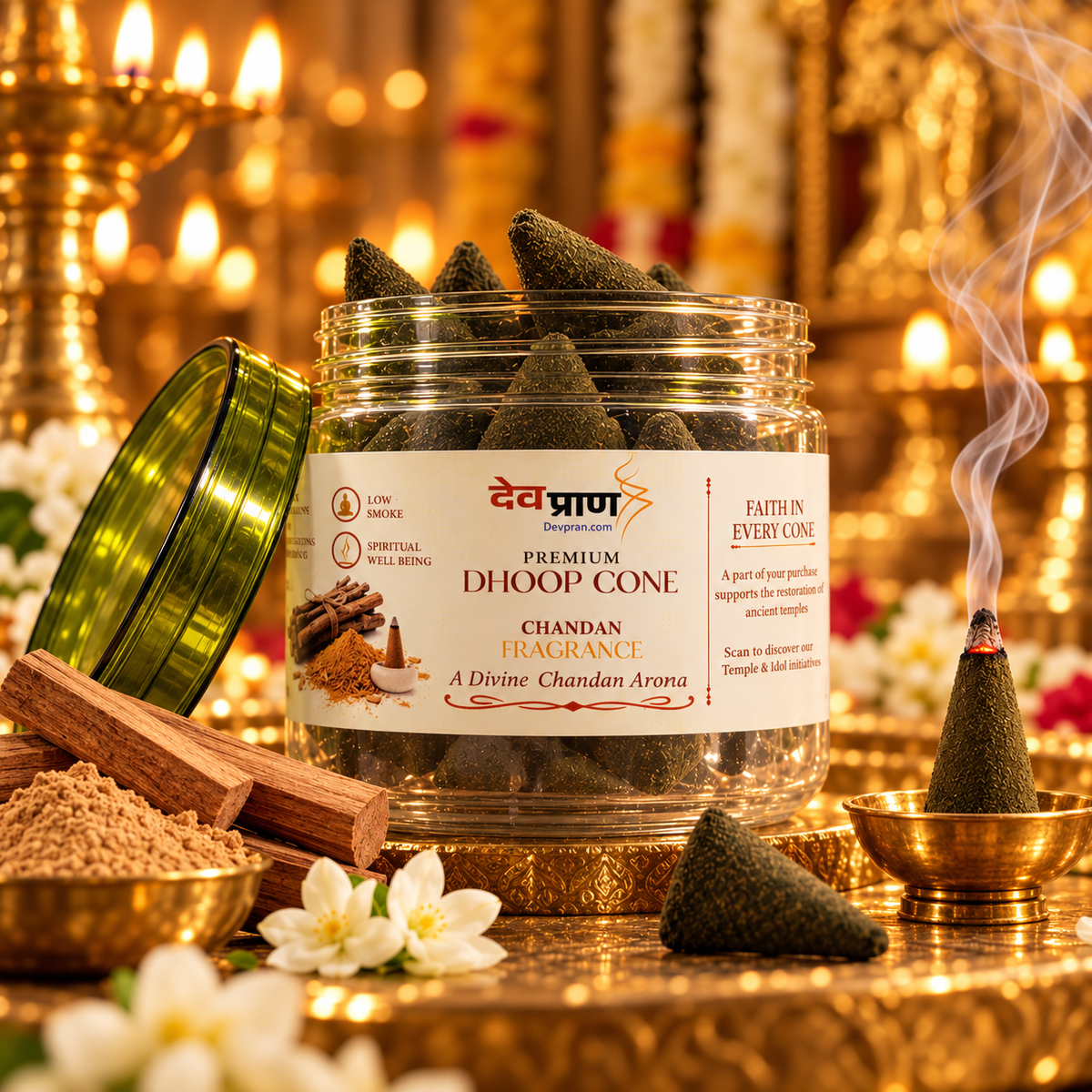 देवप्राण प्रीमियम चंदन धूप कोन (Devpran Premium Chandan Dhoop Cone) – 100% प्राकृतिक एवं शीतल पावन सुगंध