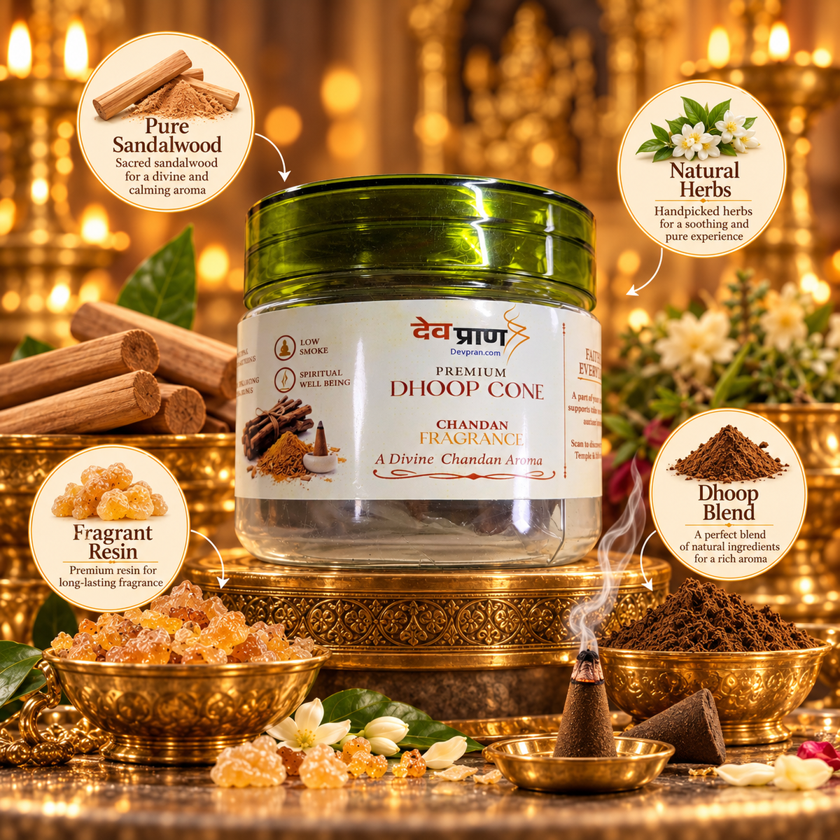 देवप्राण प्रीमियम चंदन धूप कोन (Devpran Premium Chandan Dhoop Cone) – 100% प्राकृतिक एवं शीतल पावन सुगंध