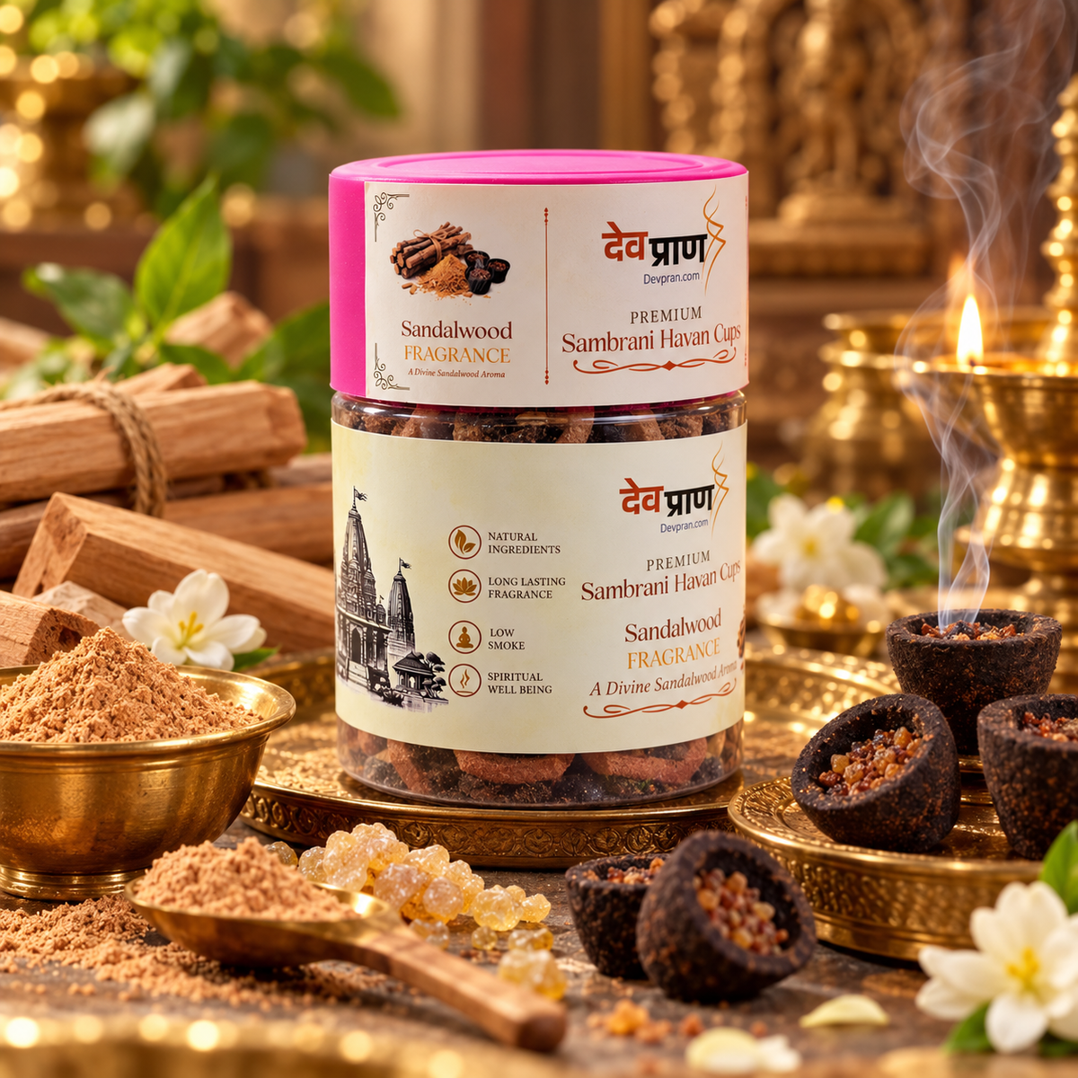 देवप्राण प्रीमियम सांबरानी हवन कप – चंदन सुगंध (Devpran Premium Sambrani Havan Cups - Sandalwood) – 100% प्राकृतिक एवं पावन लघु हवन अनुभव