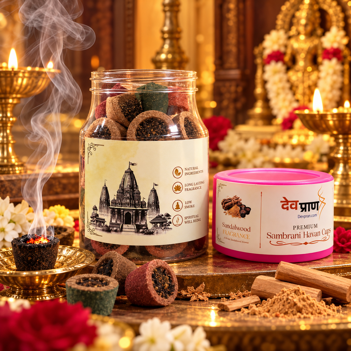 देवप्राण प्रीमियम सांबरानी हवन कप – चंदन सुगंध (Devpran Premium Sambrani Havan Cups - Sandalwood) – 100% प्राकृतिक एवं पावन लघु हवन अनुभव